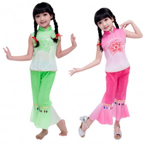 Discount cheap wholesale Gradient green hot pink fuchsia sleeveless turtle neck girls kids children chinese folk dance school play yangko fan dance cos play costumes outfits dance wear